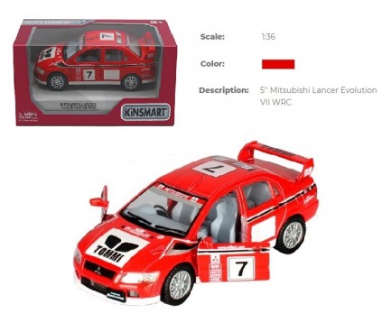 Модель легковая 5' KT5048W MITSUBISHI LANCER EVOLUTION VII WRC метал.инерц.откр.дв.кор.