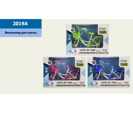 Велосипед для куклы 2019A  3 цвета,металл.с платик.эл-ми, р-р игрушки – 19.5*6*13 см, в кор.