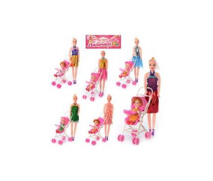 Кукла 68003 A ( 27см,с коляской 10-17,5-7см,,дочка 10,5см, микс видов, в кульке, 33-22-7см